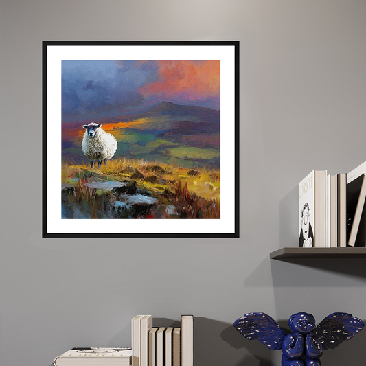 Clee Hill wildlife black framed open edition art print by Natalie Jump. Capturing a solitary sheep standing in a beautiful, wild British landscape.