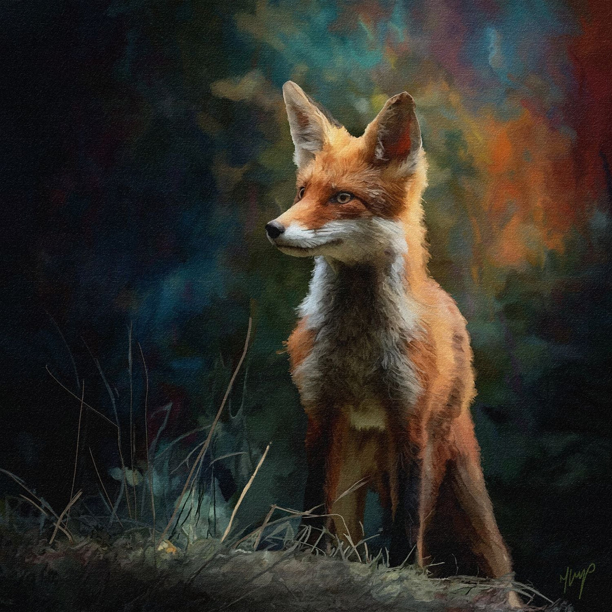 Forest Wanderer art print by Natalie Jump. A fox pauses in the forest. He exudes a sense of quiet curiosity and untamed spirit. With deep oranges, warm ambers, and mossy greens.