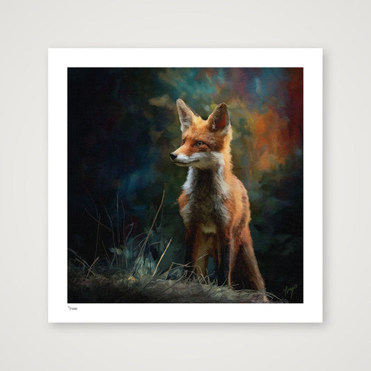 Forest Wanderer art print by Natalie Jump. A fox pauses in the forest. He exudes a sense of quiet curiosity and untamed spirit. With deep oranges, warm ambers, and mossy greens.