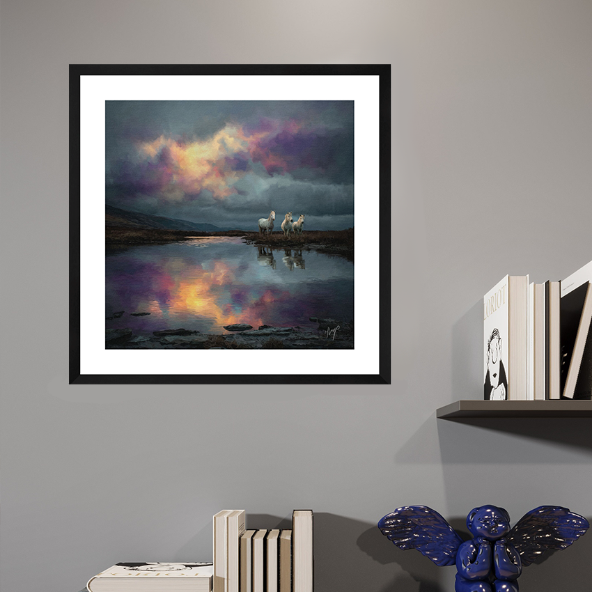 Long Mynd Ponies black framed open edition wildlife art print by Natalie Jump. Capturing a three wild ponies in a vast landscape.