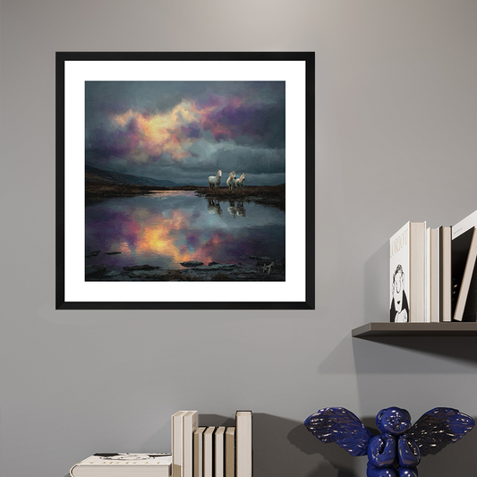 Long Mynd Ponies black framed open edition wildlife art print by Natalie Jump. Capturing a three wild ponies in a vast landscape.
