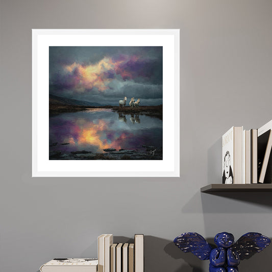 Long Mynd Ponies white framed open edition wildlife art print by Natalie Jump. Capturing a three wild ponies in a vast landscape.