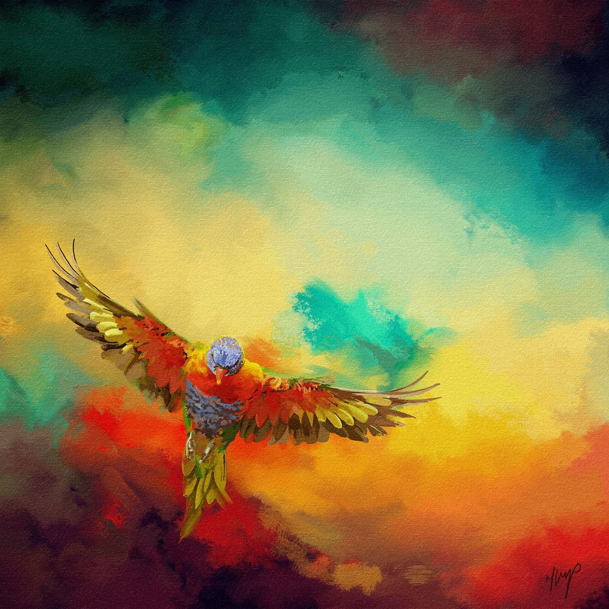Lorikeets Flight art print by Natalie Jump. A vibrant, dreamlike sky dominates the background, with swirling cloud like textures of red, yellow and green. A lorikeet bursts into flight, its rainbow plumage catching the light.