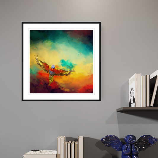 Lorikeets Flight wildlife art black framed open edition print by Natalie Jump. A vibrant sky with swirling cloud like textures of red, yellow and green. In the foreground a lorikeet bursts into flight.