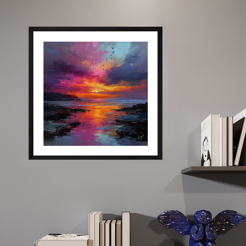 Radiant Horizon black framed open edition wildlife art print by Natalie Jump. Capturing a Cornish sunset with seabirds in flight
