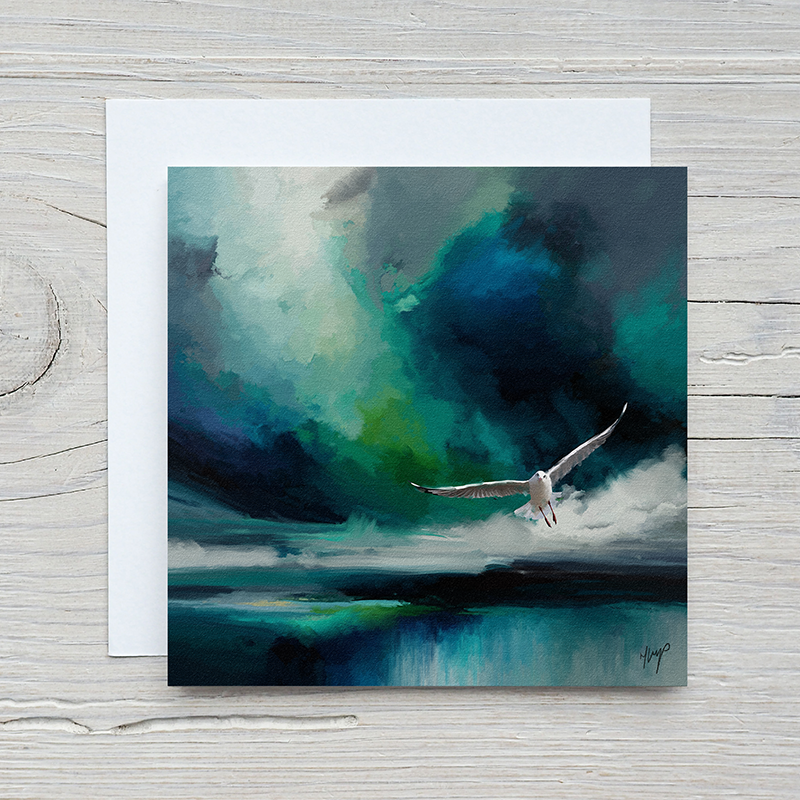 Seabird wildlife art greetings card by Natalie Jump. A white seagull extends its powerful wings, cutting through a dramatic stormy sky. With cream envelope.