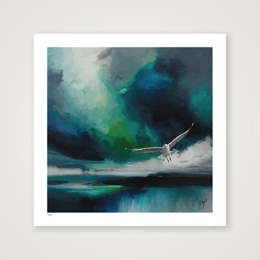 Seabird wildlife art print by Natalie Jump. A white seagull extends its powerful wings, cutting through a dramatic stormy sky.