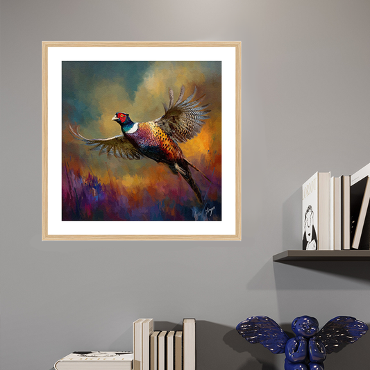 Sudden Flight wildlife art open edition oak framed print by Natalie Jump. Capturing the dramatic movement of a pheasant taking flight.