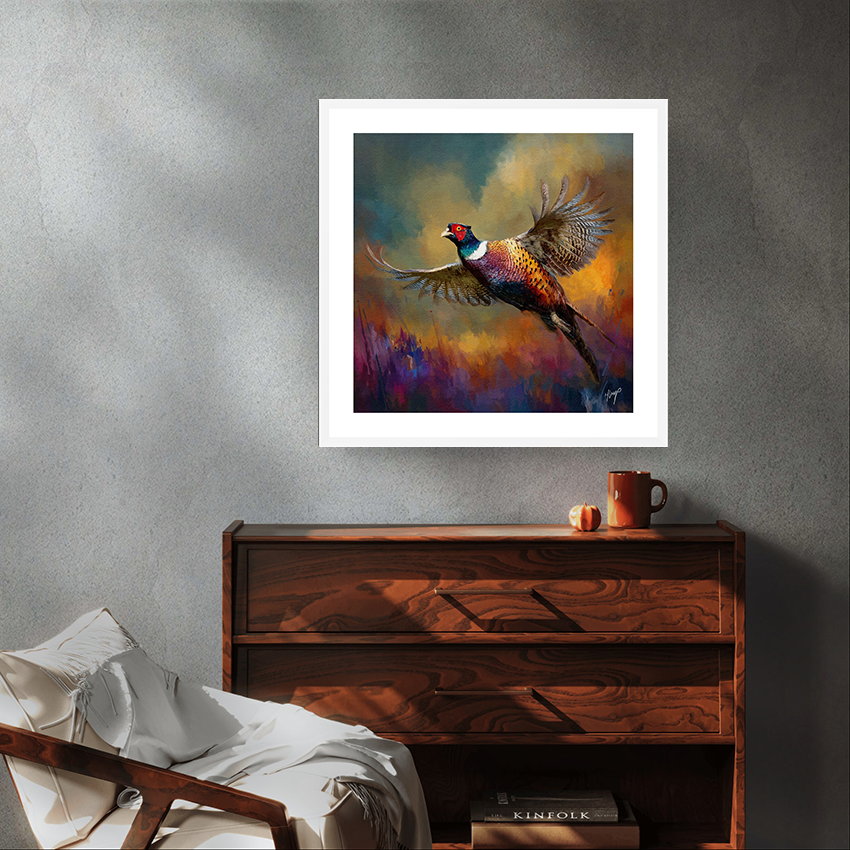 Sudden Flight wildlife art white framed print by Natalie Jump. Capturing the dramatic movement of a pheasant taking flight.