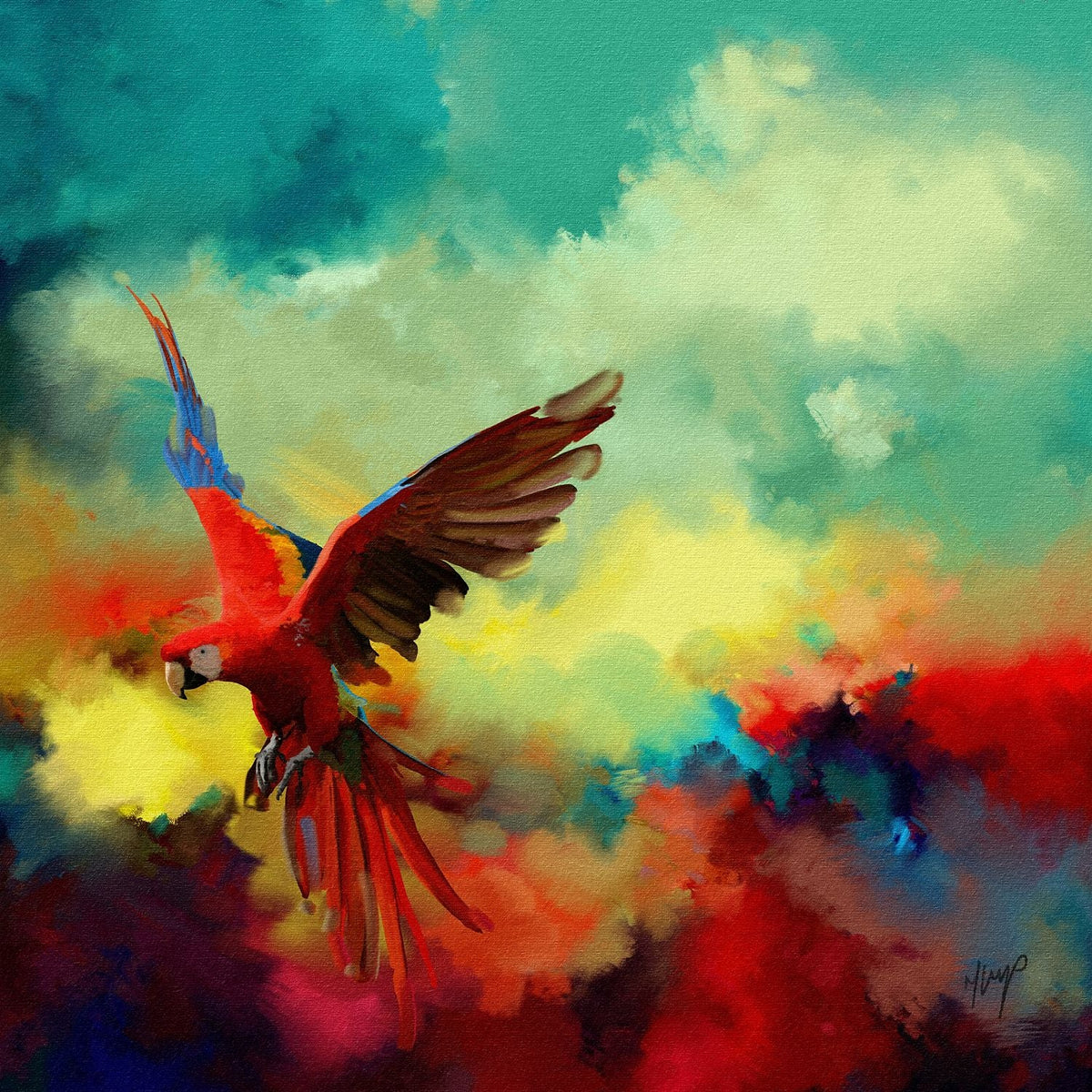 Tropical Drift wildlife art print by Natalie Jump. A vibrant explosion of colour and motion, a macaw is captured mid-flight, its wings extended in a burst of reds, golds and electric blues.
