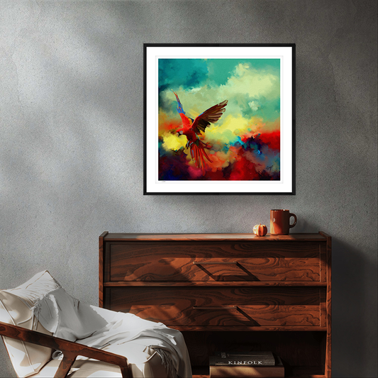 Tropical Drift wildlife black framed limited edition art print by Natalie Jump. A vibrant explosion of colour and motion, a macaw is captured mid-flight, its wings extended in a burst of reds, golds and electric blues.