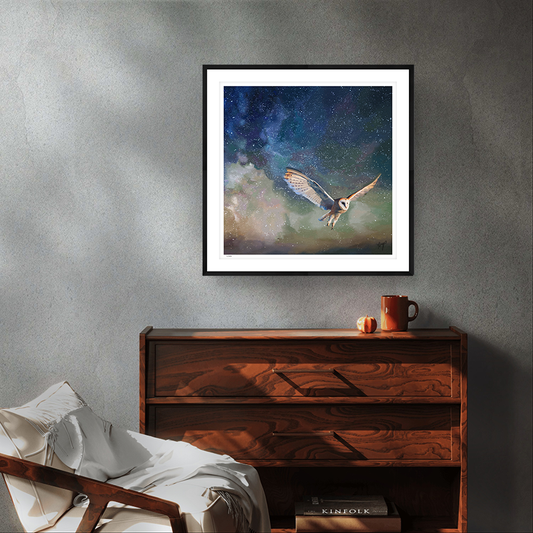 Twilight Flight wildlife art black framed limited edition by Natalie Jump. Gliding silently a barn owl is mid flight, wings spread out gracefully.