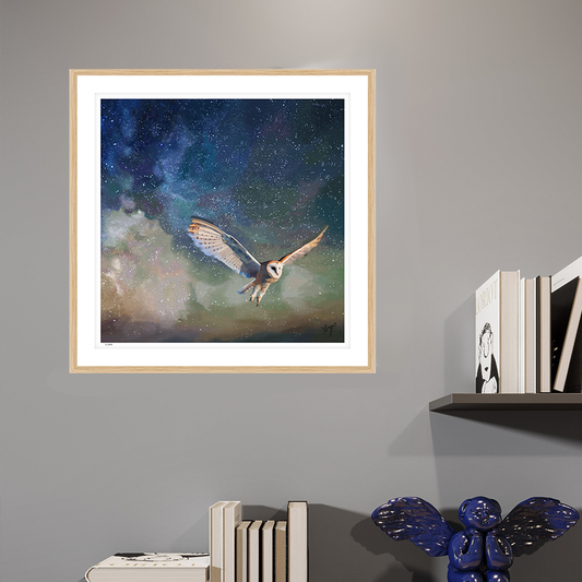 Twilight Flight wildlife art oak framed open edition print by Natalie Jump. Gliding silently a barn owl is mid flight, wings spread out gracefully.