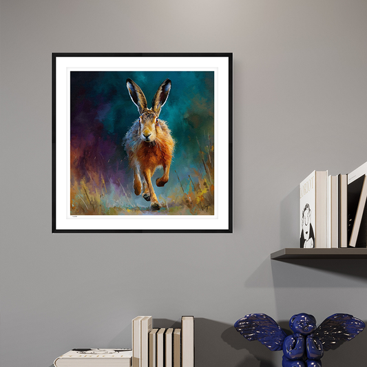 Twilight Sprint black framed open edition wildlife art print by Natalie Jump. A hare bounding through a field at dusk, silhouetted against a deep turquoise and purple sky.