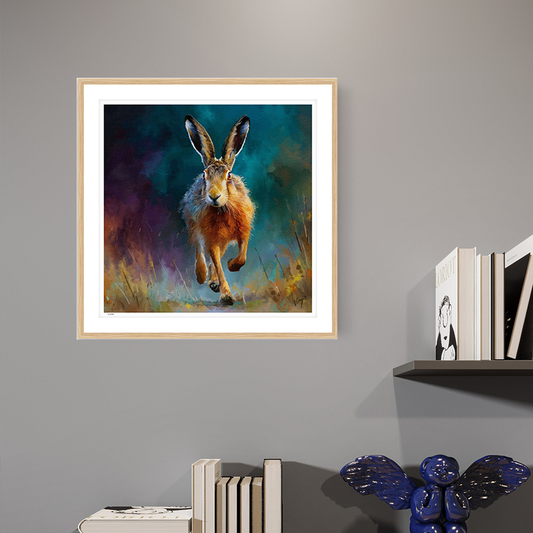 Twilight Sprint oak framed open edition wildlife art print by Natalie Jump. A hare bounding through a field at dusk, silhouetted against a deep turquoise and purple sky.