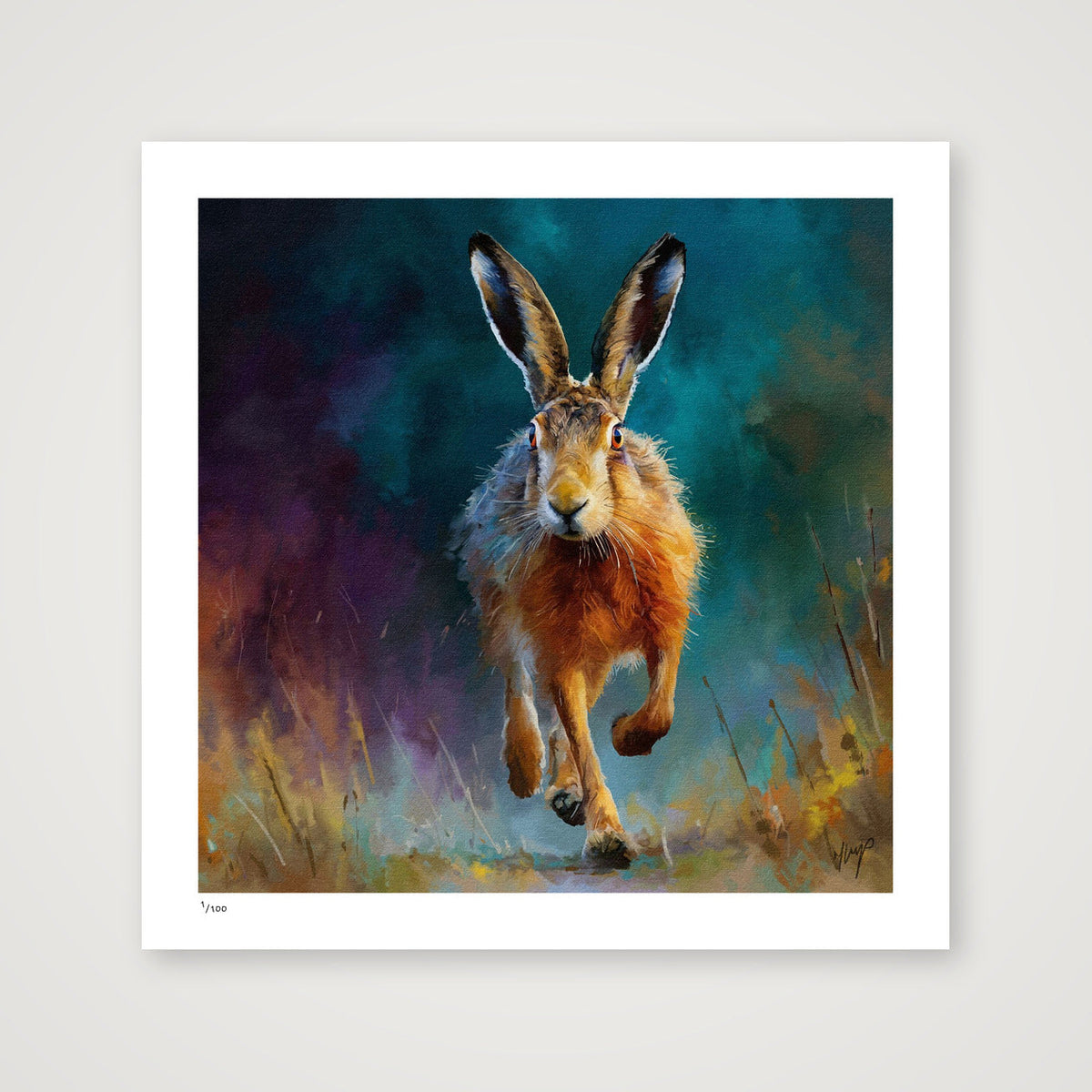 Twilight Sprint wildlife art print by Natalie Jump. A hare bounding through a field at dusk, silhouetted against a deep turquoise and purple sky.