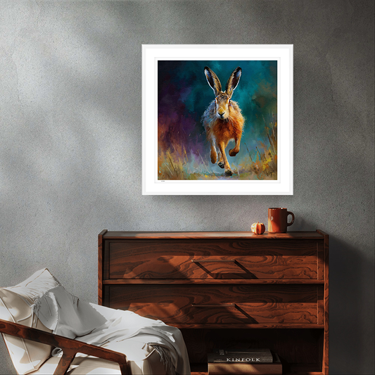 Twilight Sprint white framed wildlife art print by Natalie Jump. A hare bounding through a field at dusk, silhouetted against a deep turquoise and purple sky.