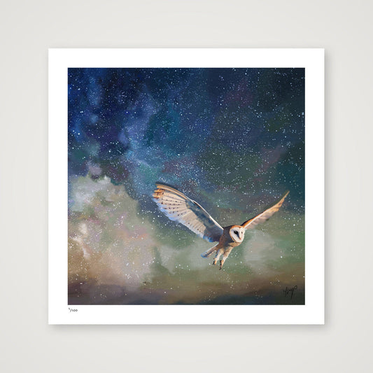 Twilight Flight wildlife art print by Natalie Jump. Gliding silently a barn owl is mid flight, wings spread out gracefully.