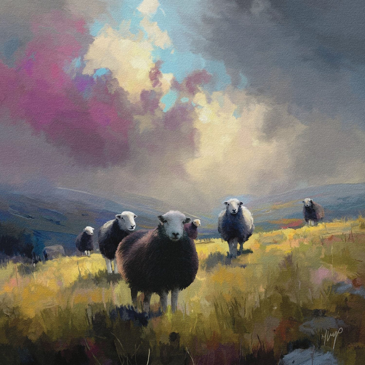 Borrowdale Light wildlife art print by Natalie Jump. Five sheep stand in a wild landscape with a vast sweeping grey and purple sky.