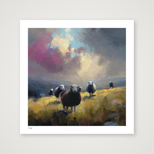 Borrowdale Light wildlife art print by Natalie Jump. Five sheep stand in a wild landscape with a vast sweeping grey and purple sky.