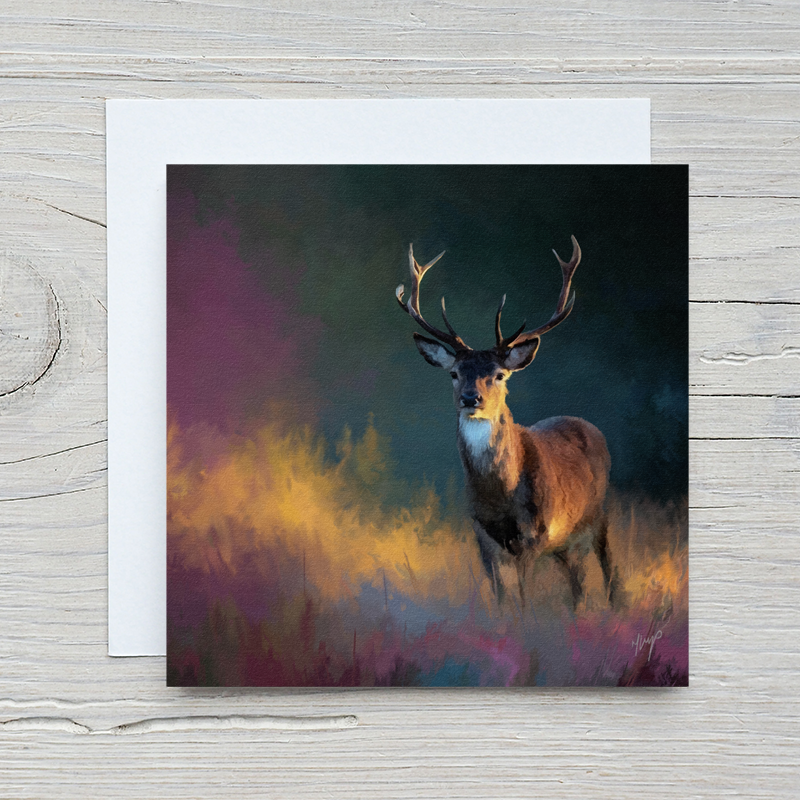 Golden Sunset wildlife art greetings card print by Natalie Jump. A stag stands poised, meeting the viewer’s gaze as the morning light drapes across its form.