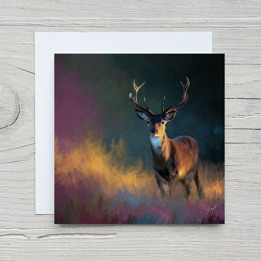 Golden Sunset wildlife art greetings card print by Natalie Jump. A stag stands poised, meeting the viewer’s gaze as the morning light drapes across its form.