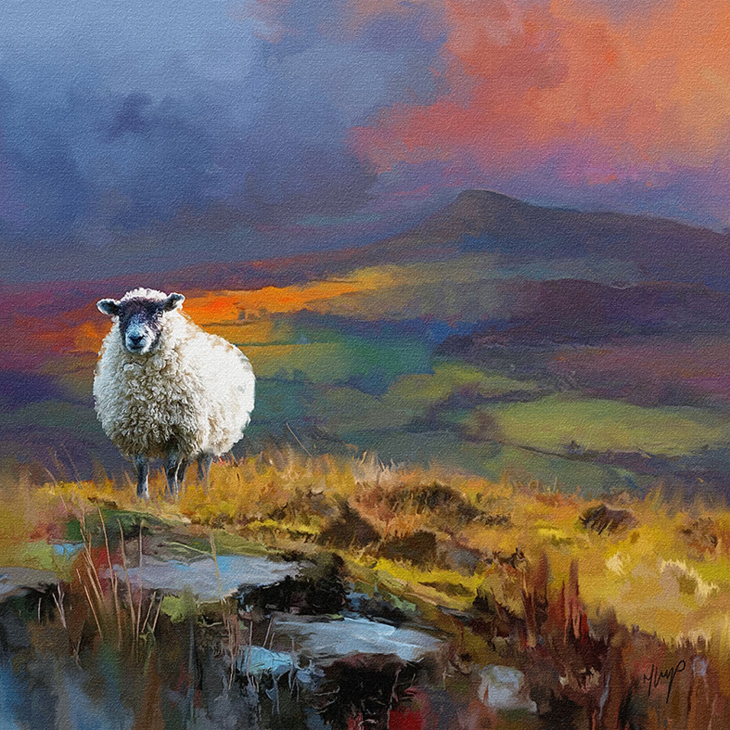 Clee Hill wildlife art print by Natalie Jump. Capturing a solitary sheep standing in a beautiful, wild British landscape.