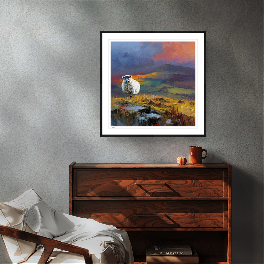 Clee Hill wildlife black framed art print by Natalie Jump. Capturing a solitary sheep standing in a beautiful, wild British landscape.