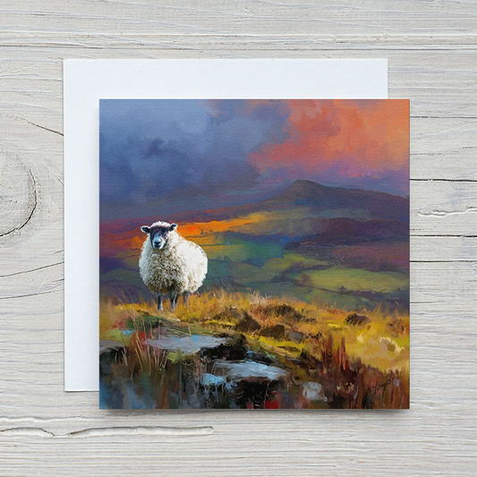 Clee Hill wildlife art greetings card by Natalie Jump. Capturing a solitary sheep standing in a beautiful, wild British landscape.