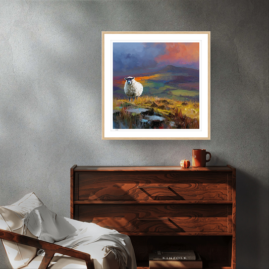 Clee Hill wildlife oak framed art print by Natalie Jump. Capturing a solitary sheep standing in a beautiful, wild British landscape.