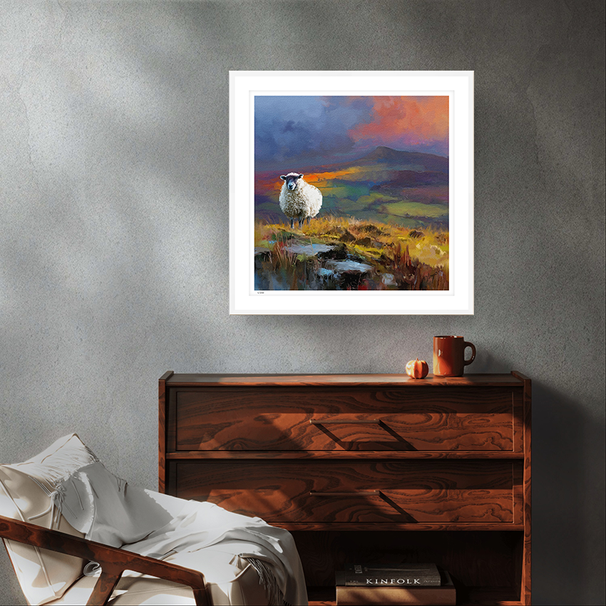 Clee Hill wildlife white framed art print by Natalie Jump. Capturing a solitary sheep standing in a beautiful, wild British landscape.