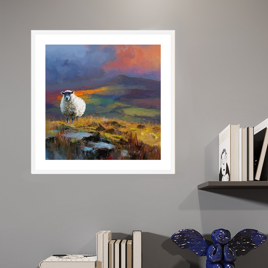 Clee Hill wildlife white framed open edition art print by Natalie Jump. Capturing a solitary sheep standing in a beautiful, wild British landscape.