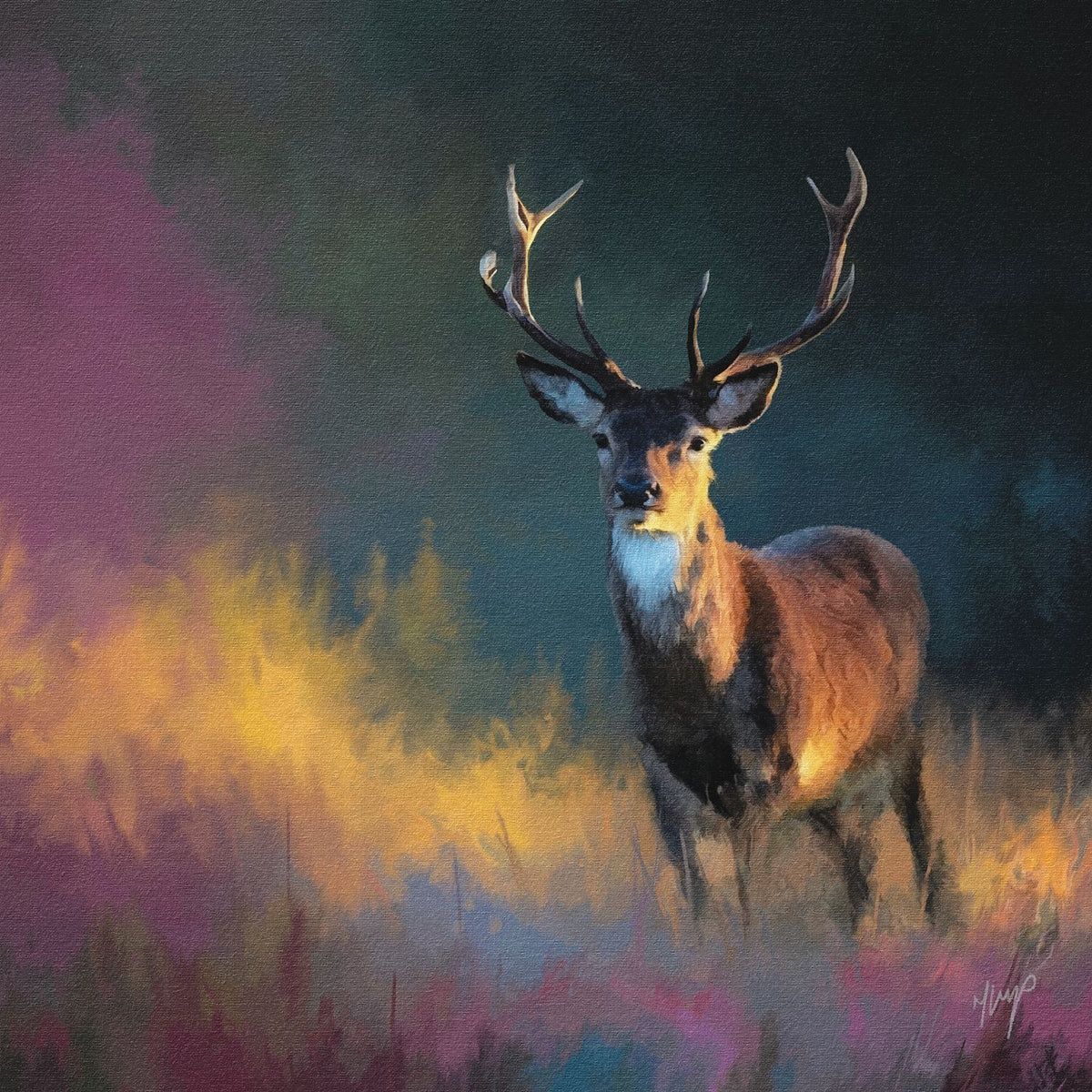 First Light art print by Natalie Jump. A stag stands quietly in the stillness of morning, soft light traces the contours of its face and antlers, giving it a quiet, grounded presence.