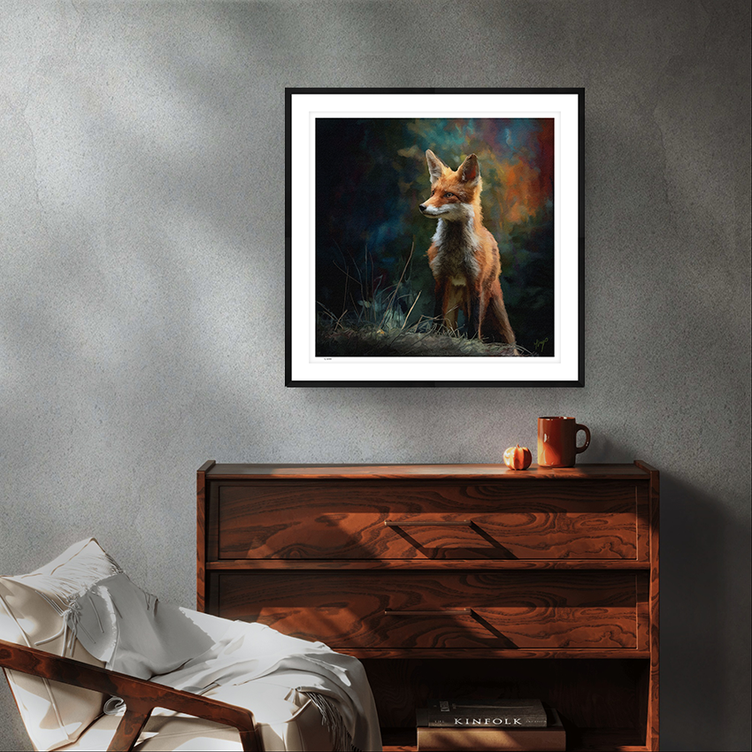 Forest Wanderer wildlife art black framed limited edition print by Natalie Jump. A fox pauses in the forest. With deep oranges and mossy greens, he stands in a background that feels truly magical.