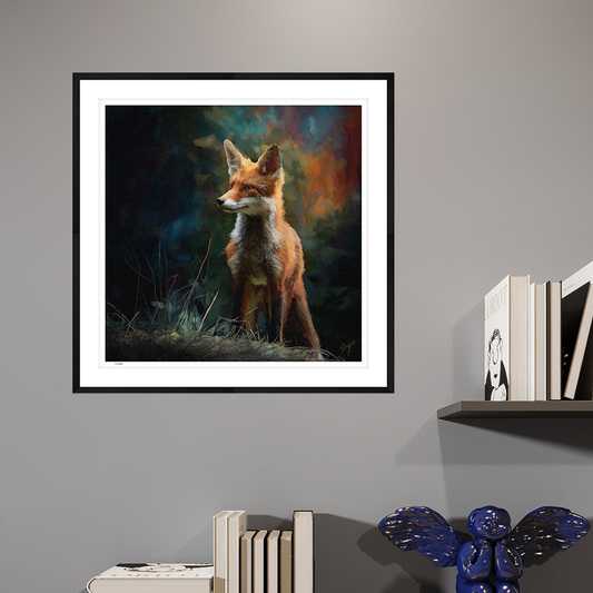 Forest Wanderer wildlife art black framed open edition print by Natalie Jump. A fox pauses in the forest. With deep oranges and mossy greens, he stands in a background that feels truly magical.