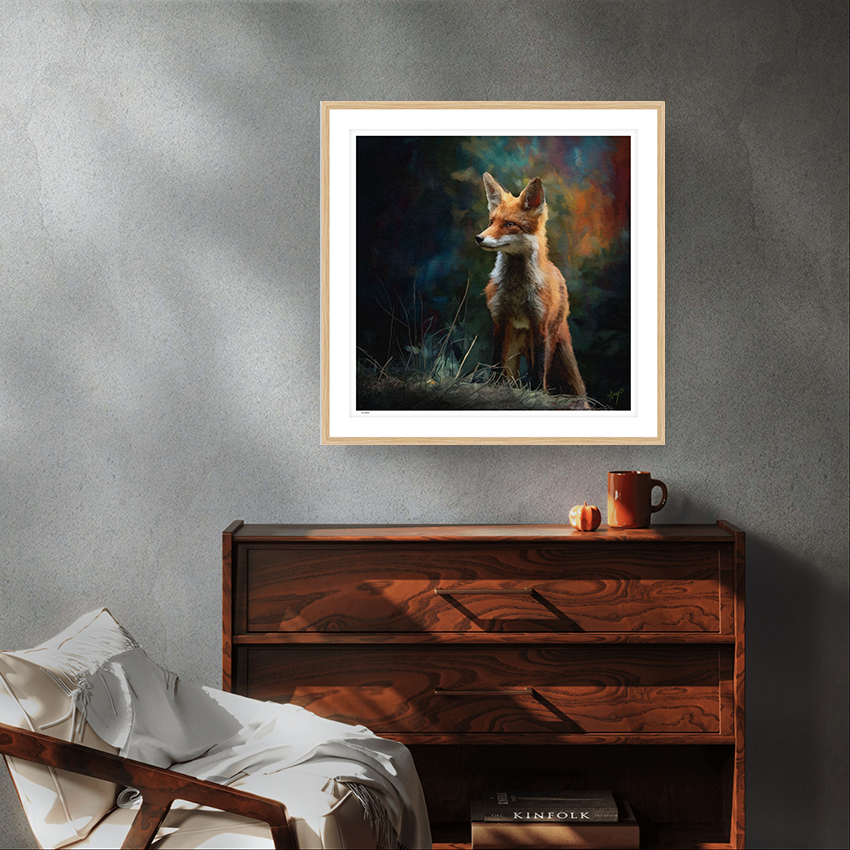 Forest Wanderer wildlife art oak framed limited edition print by Natalie Jump. A fox pauses in the forest. With deep oranges and mossy greens, he stands in a background that feels truly magical.