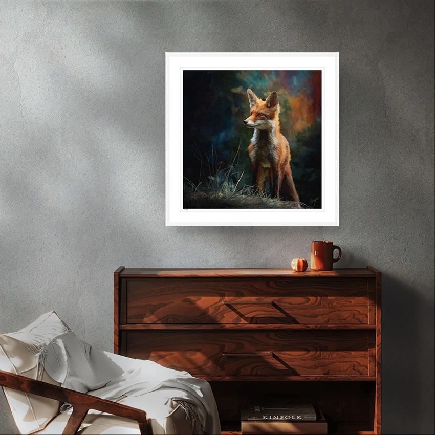 Forest Wanderer wildlife art white framed limited edition print by Natalie Jump. A fox pauses in the forest. With deep oranges and mossy greens, he stands in a background that feels truly magical.