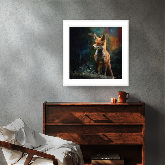 Forest Wanderer wildlife art white framed limited edition print by Natalie Jump. A fox pauses in the forest. With deep oranges and mossy greens, he stands in a background that feels truly magical.