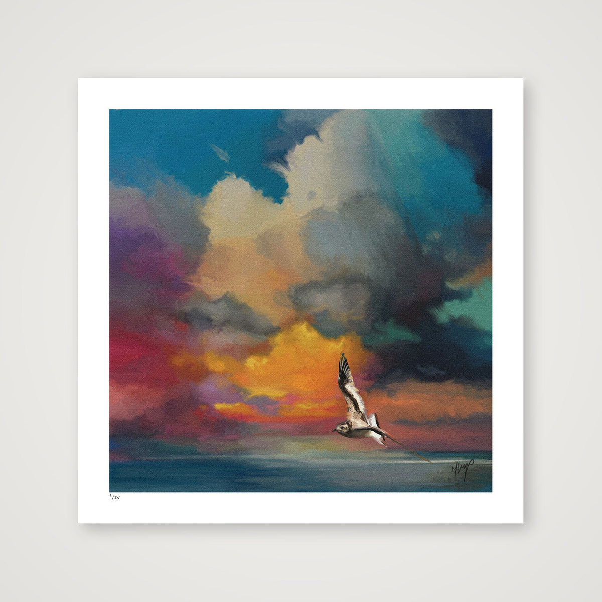 Golden Sunset art print by Natalie Jump. A solitary seagull glides effortlessly across the surface of a calm, glass like sea. 