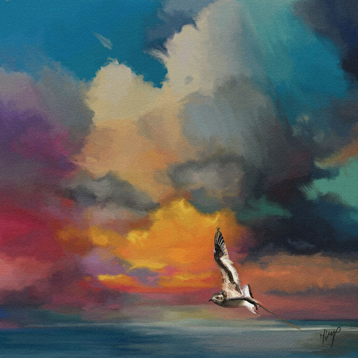 Golden Sunset art print by Natalie Jump. A solitary seagull glides effortlessly across the surface of a calm, glass like sea. 