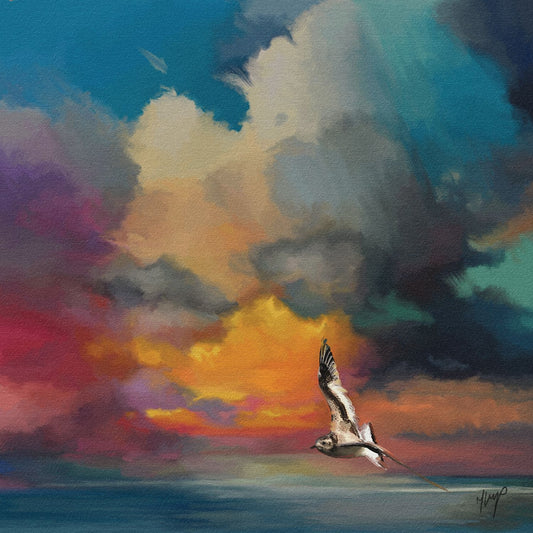 Golden Sunset art print by Natalie Jump. A solitary seagull glides effortlessly across the surface of a calm, glass like sea. 