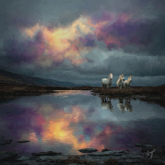 Long Mynd Ponies wildlife art print by Natalie Jump. Three wild ponies stand in a wild landscape with a vast sweeping grey and purple sky.