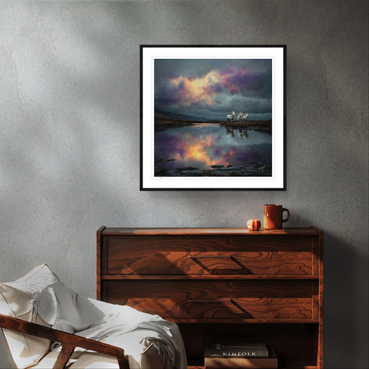 Long Mynd Ponies black framed limited edition wildlife art print by Natalie Jump. Capturing a three wild ponies in a vast landscape.