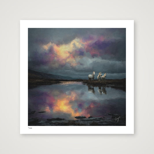 Long Mynd Ponies wildlife art print by Natalie Jump. Five sheep stand in a wild landscape with a vast sweeping grey and purple sky.