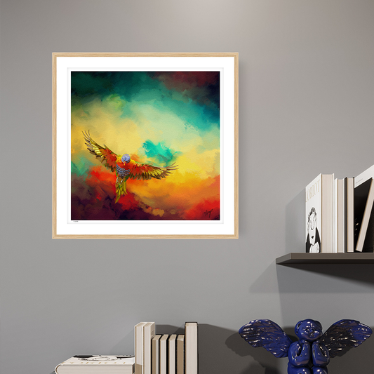 Lorikeets Flight wildlife art oak framed open edition print by Natalie Jump. A vibrant sky with swirling cloud like textures of red, yellow and green. In the foreground a lorikeet bursts  into flight.