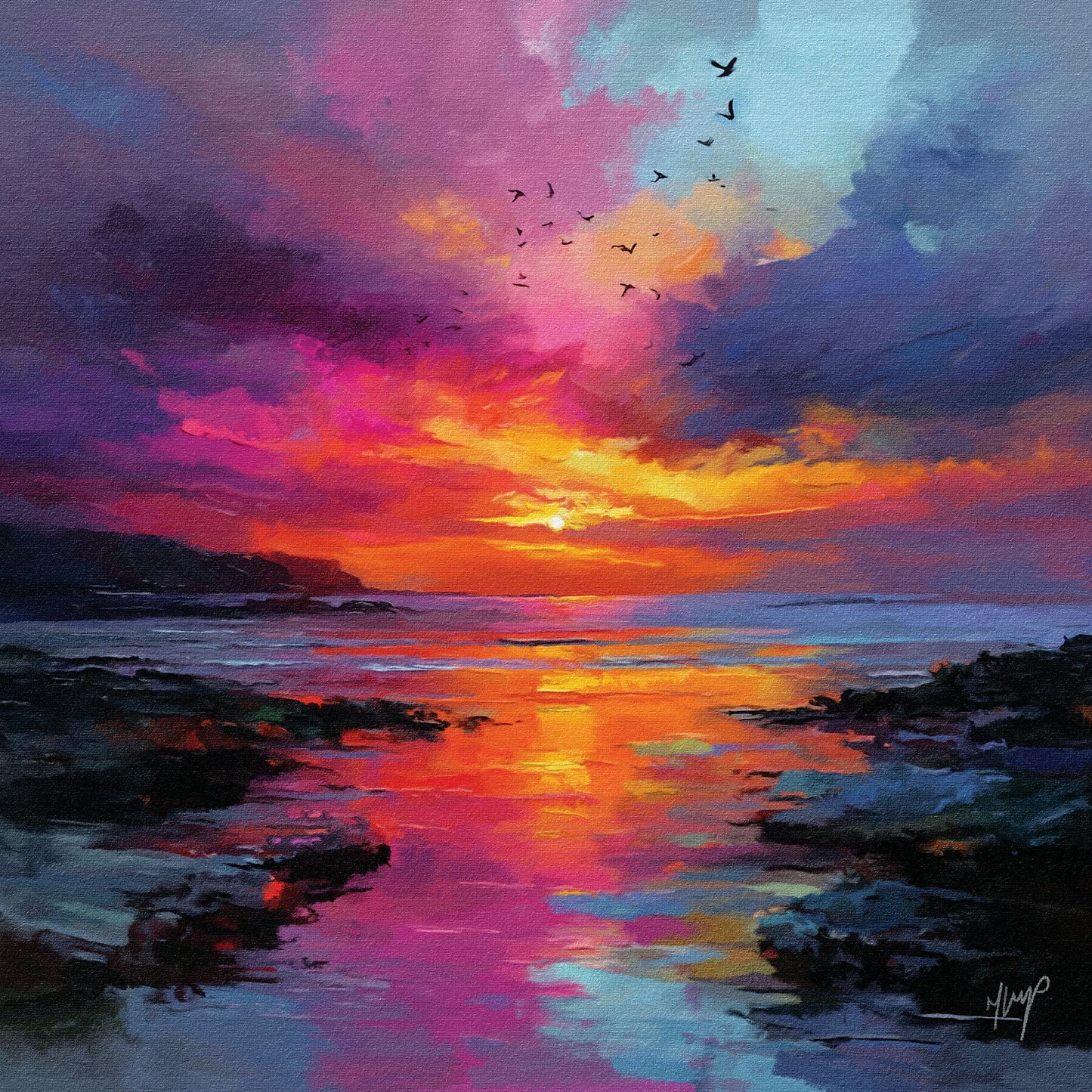 Radiant Horizon wildlife art print by Natalie Jump. Golden sunset as seabirds fly through the sky