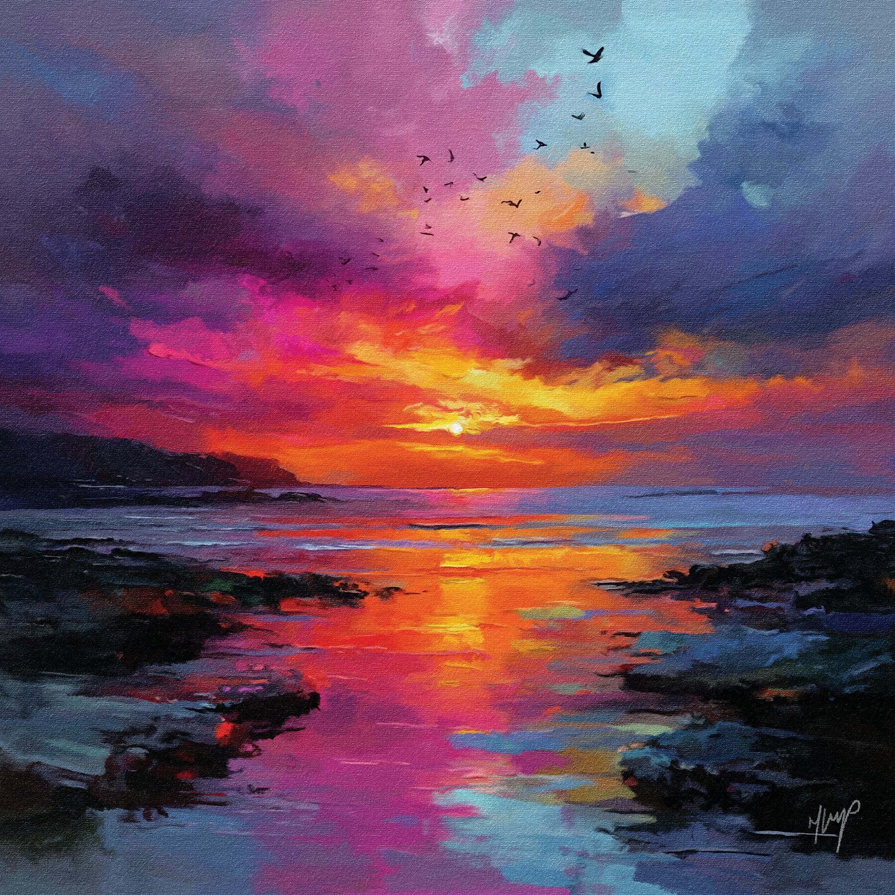Radiant Horizon wildlife art print by Natalie Jump. Golden sunset as seabirds fly through the sky