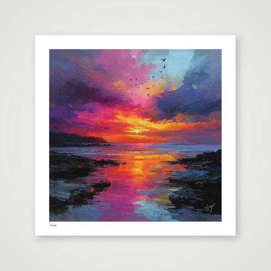 Radiant Horizon art print by Natalie Jump. Rich magentas, fiery oranges, deep violets and soft turquoise tones blend together in expressive brushstrokes, creating a scene that feels both powerful and serene.