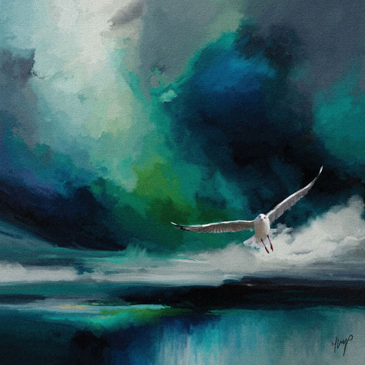 Seabird wildlife art print by Natalie Jump. A white seagull extends its powerful wings, cutting through a dramatic stormy sky. 