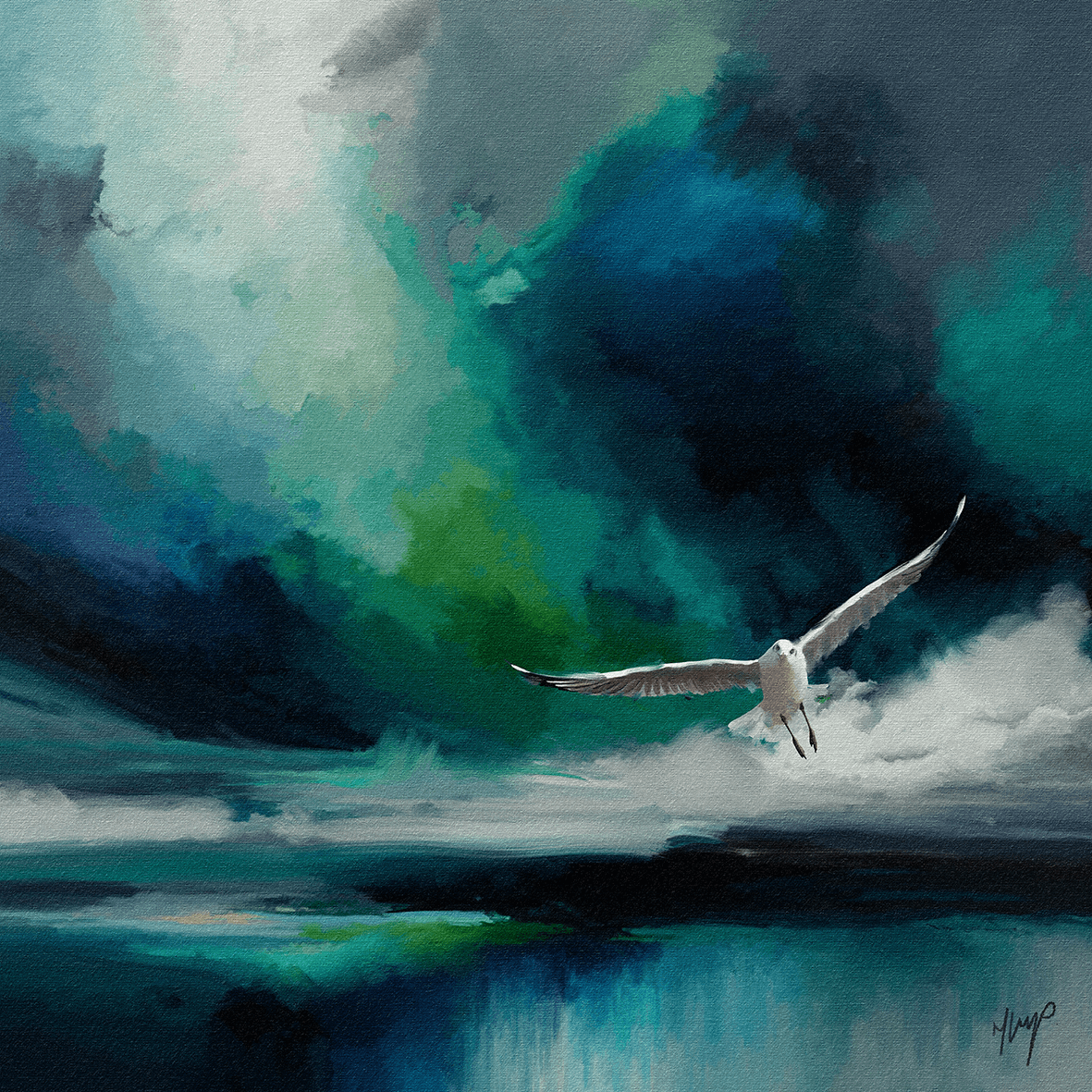 Seabird wildlife art print by Natalie Jump. A white seagull extends its powerful wings, cutting through a dramatic stormy sky. 